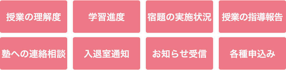 授業の理解度・学習進度・宿題の実施状況・授業の指導報告・塾への連絡相談・入退室通知・お知らせ受信・各種申込み